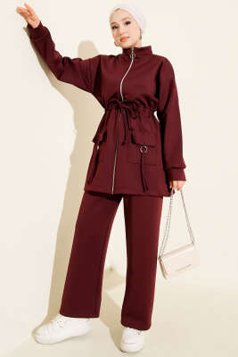 Beli Tünelli Fermuarlı Scuba İkili Takım Bordo 