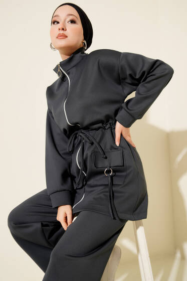 Beli Tünelli Fermuarlı Scuba İkili Takım Füme - İkili Takım