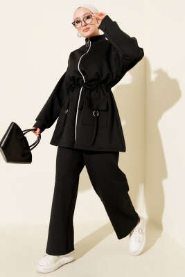 Beli Tünelli Fermuarlı Scuba İkili Takım Siyah - NESSİA