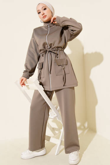 Beli Tünelli Fermuarlı Scuba İkili Takım Vizon - İkili Takım