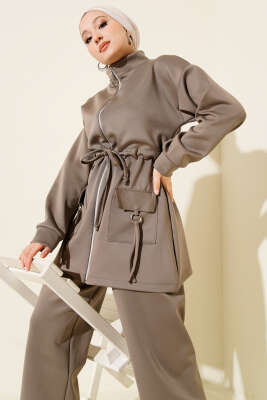 Beli Tünelli Fermuarlı Scuba İkili Takım Vizon - İkili Takım