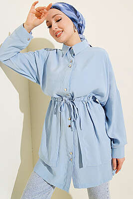 Beli Tünelli Katlı Modal Gömlek Bebe Mavi - VAV TEKSTİL