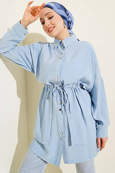 Beli Tünelli Katlı Modal Gömlek Bebe Mavi - Gömlek