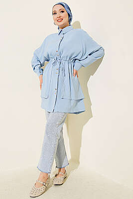 Beli Tünelli Katlı Modal Gömlek Bebe Mavi - Gömlek