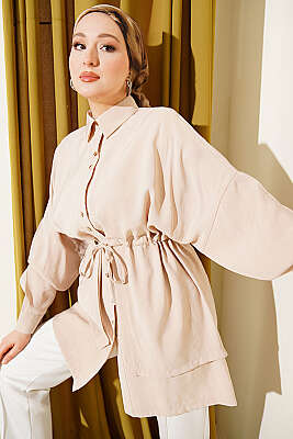 Beli Tünelli Katlı Modal Gömlek Bej - VAV TEKSTİL