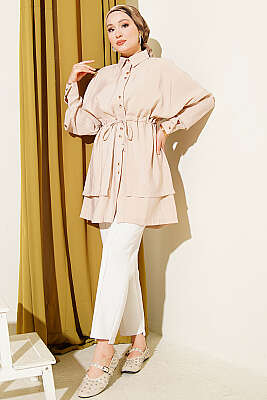 Beli Tünelli Katlı Modal Gömlek Bej - Gömlek