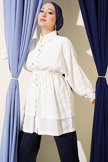 Beli Tünelli Katlı Modal Gömlek Ekru - Gömlek