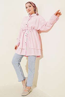 Beli Tünelli Katlı Modal Gömlek Pembe - VAV TEKSTİL