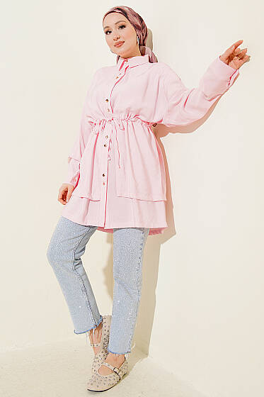 Beli Tünelli Katlı Modal Gömlek Pembe - Gömlek
