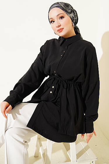 Beli Tünelli Katlı Modal Gömlek Siyah - Gömlek
