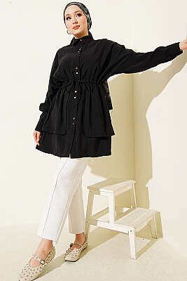 Beli Tünelli Katlı Modal Gömlek Siyah - Gömlek