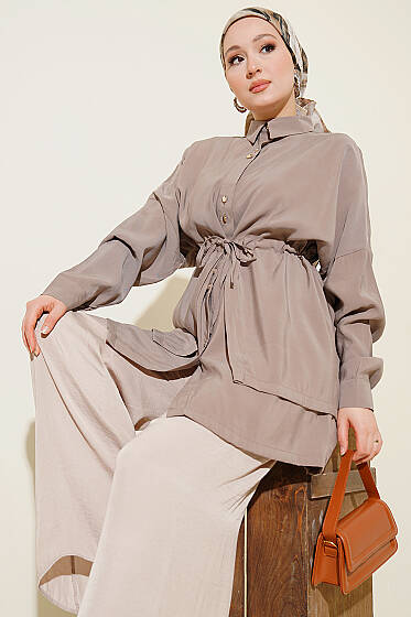 Beli Tünelli Katlı Modal Gömlek Vizon - Gömlek