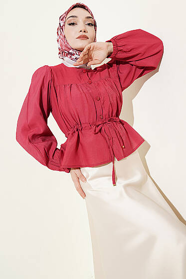 Beli Tünelli Salaş Kısa Gömlek Bordo - Gömlek