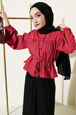 Beli Tünelli Salaş Kısa Gömlek Bordo - TABLO FASHİON