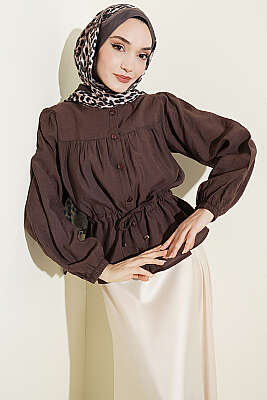 Beli Tünelli Salaş Kısa Gömlek Kahve - TABLO FASHİON