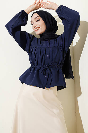 Beli Tünelli Salaş Kısa Gömlek Lacivert - Yılın Fırsatı