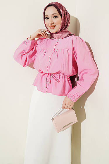 Beli Tünelli Salaş Kısa Gömlek Pembe - Yılın Fırsatı