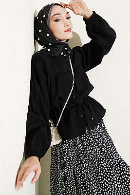 Beli Tünelli Salaş Kısa Gömlek Siyah - TABLO FASHİON