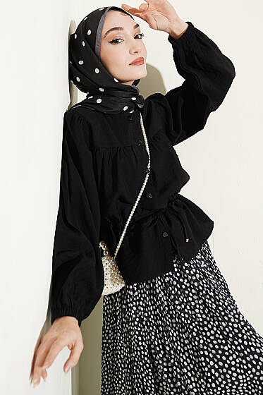 Beli Tünelli Salaş Kısa Gömlek Siyah - Yılın Fırsatı