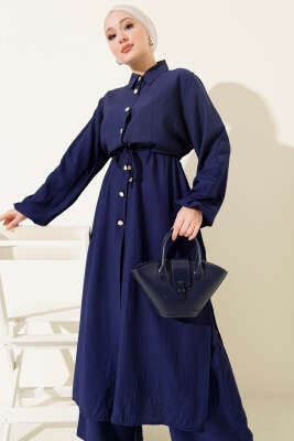 Beli Tünelli Uzun Tunikli İkili Takım Lacivert - NESSİA