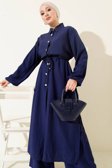 Beli Tünelli Uzun Tunikli İkili Takım Lacivert - İkili Takım