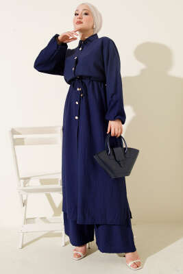 Beli Tünelli Uzun Tunikli İkili Takım Lacivert - İkili Takım