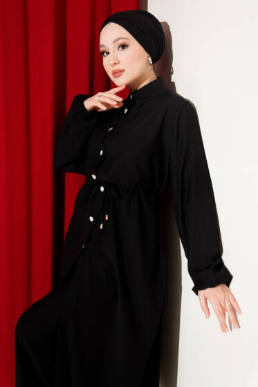 Beli Tünelli Uzun Tunikli İkili Takım Siyah - İkili Takım