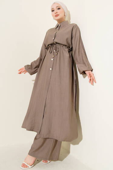 Beli Tünelli Uzun Tunikli İkili Takım Vizon - İkili Takım