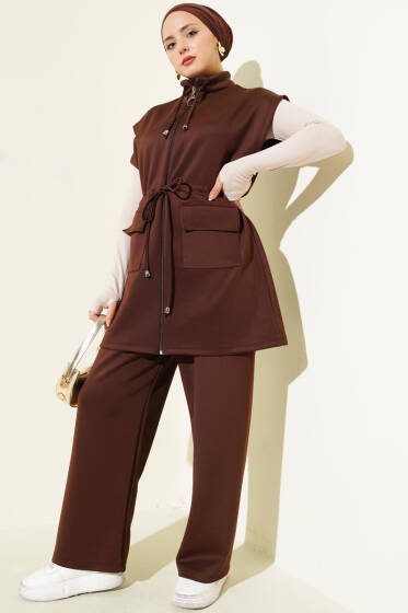 Beli Tünelli Yelekli Scuba İkili Takım Kahve - İkili Takım