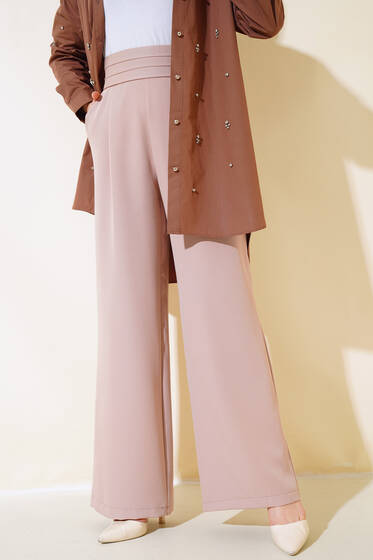 Beli Üç Katlı Bol Paça Pantolon Bej - Kumaş Pantolon