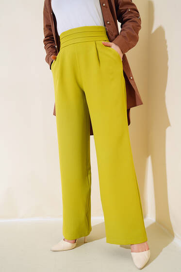 Beli Üç Katlı Bol Paça Pantolon Yağ Yeşili - Kumaş Pantolon