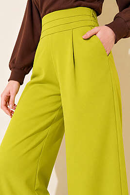 Beli Üç Katlı Bol Paça Pantolon Yağ Yeşili - Pantolon
