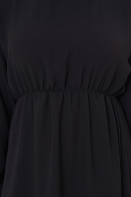 Beli ve Bilekleri Lastikli Siyah Elbise - Thumbnail