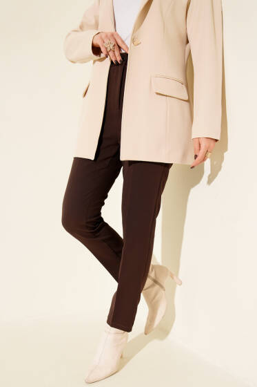 Beli Yarım Lastikli Kumaş Pantolon Kahve - Pantolon