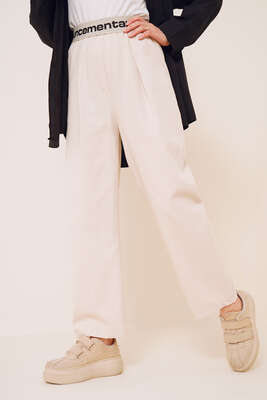 Beli Yazılı Keten Pantolon Bej