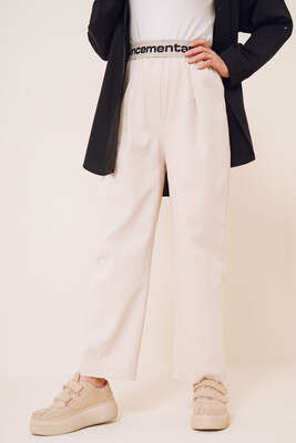 Beli Yazılı Keten Pantolon Bej - Pantolon