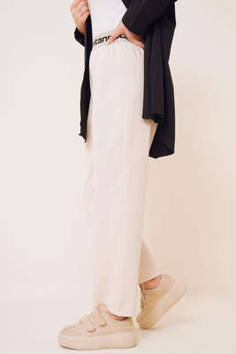 Beli Yazılı Keten Pantolon Bej - Pantolon