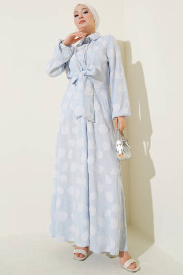 Benekli Yarım Düğmeli Elbise Bebe Mavi - Elbise