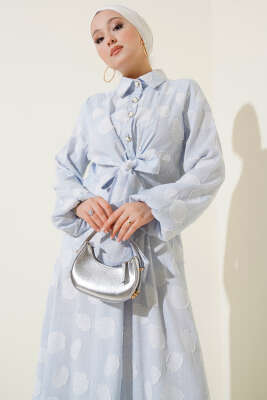 Benekli Yarım Düğmeli Elbise Bebe Mavi - Tesettür Elbise