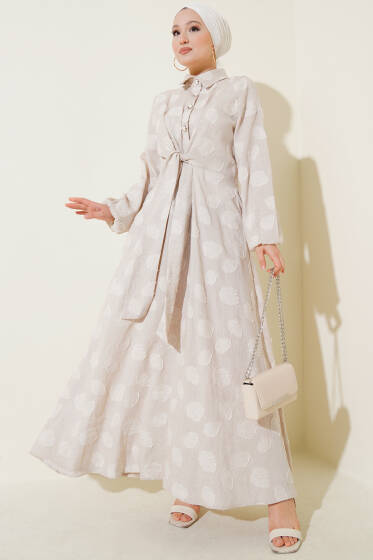 Benekli Yarım Düğmeli Elbise Bej - Elbise