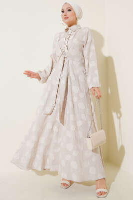 Benekli Yarım Düğmeli Elbise Bej - ELİF ARTAR