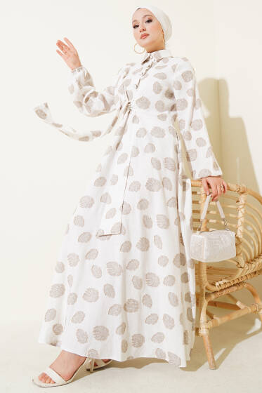 Benekli Yarım Düğmeli Elbise Ekru - Elbise
