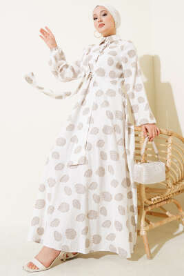 Benekli Yarım Düğmeli Elbise Ekru 