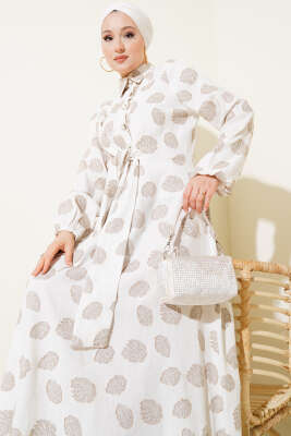 Benekli Yarım Düğmeli Elbise Ekru - Tesettür Elbise