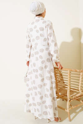 Benekli Yarım Düğmeli Elbise Ekru - Tesettür Elbise