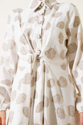 Benekli Yarım Düğmeli Elbise Ekru - Tesettür Elbise