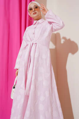 Benekli Yarım Düğmeli Elbise Pembe - Tesettür Elbise