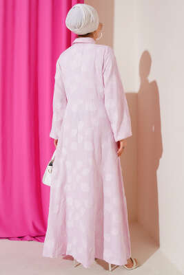 Benekli Yarım Düğmeli Elbise Pembe - Tesettür Elbise