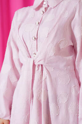 Benekli Yarım Düğmeli Elbise Pembe - Tesettür Elbise