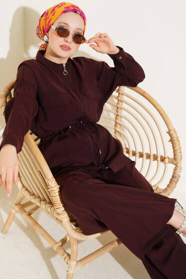 Fermuarlı Beli Tünelli İkili Takım Acı Kahve - İkili Takım